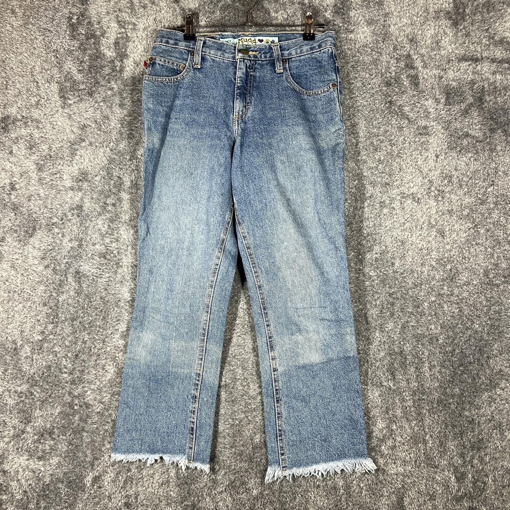 Mudd Jeans Juniors 9 Blue Medium Wash High Rise Relaxed Cropped Fringe Denim